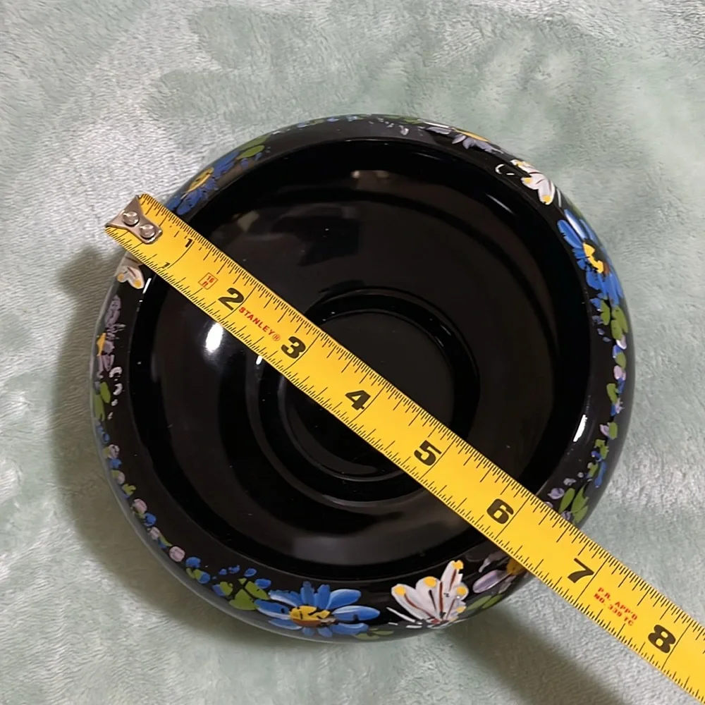 Vintage LE Smith Black Amethyst Glass Bowl Hand Painted Floral UV Glow 1950s